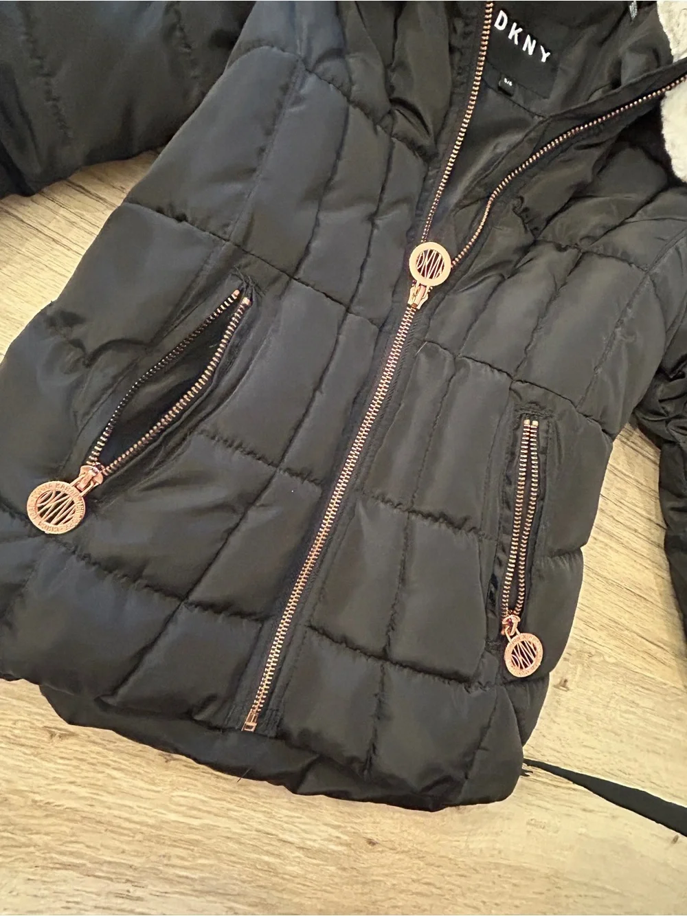 DKNY Black Kids Puffer Jacket with Faux Fur Trim Hood